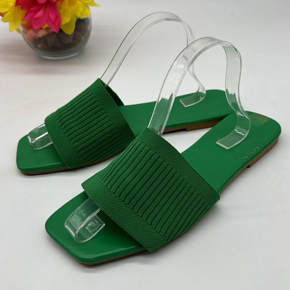 Vibrant Green Ribbed Slide Sandals - Picture 2 of 7